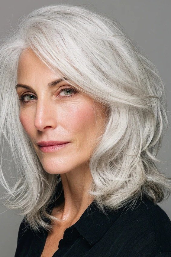 Silver-White Long Layers with Side-Parted Bangs for women over 60, grey hairstyle with bangs