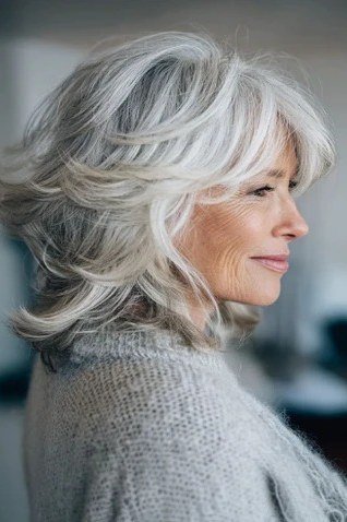 Salt-and-Pepper Shag with Feathered Bangs for women over 60, grey hairstyle with bangs