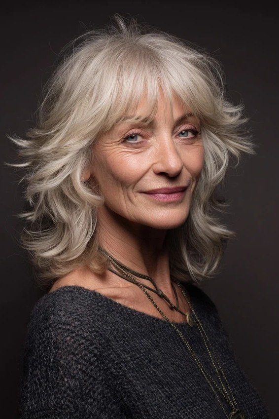 Tousled Silver-White Bob with Wispy Bangs for women over 60, grey hairstyle with bangs