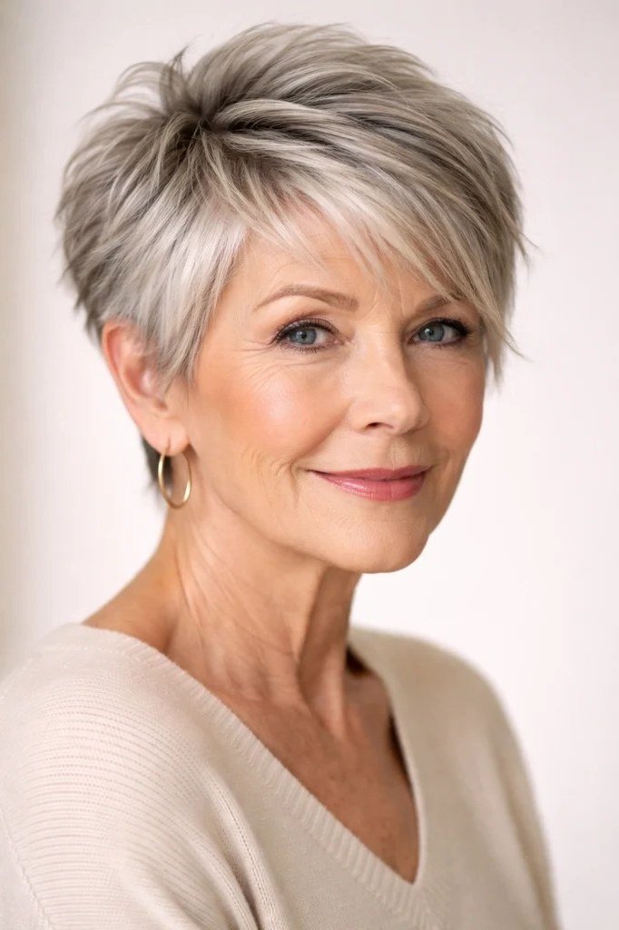 Salt-and-Pepper Pixie with Side-Swept Bangs for women over 60, grey hairstyle with bangs