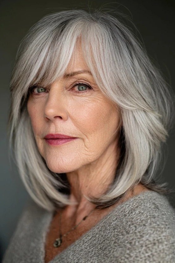 Two-Tone Silver Lob with Full Wispy Bangs for women over 60, grey hairstyle with bangs