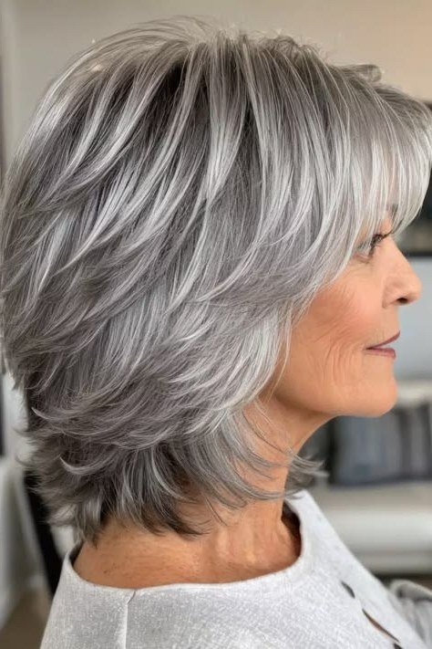 Layered Salt-and-Pepper Bob with Side-Swept Bangs for women over 60, grey hairstyle with bangs