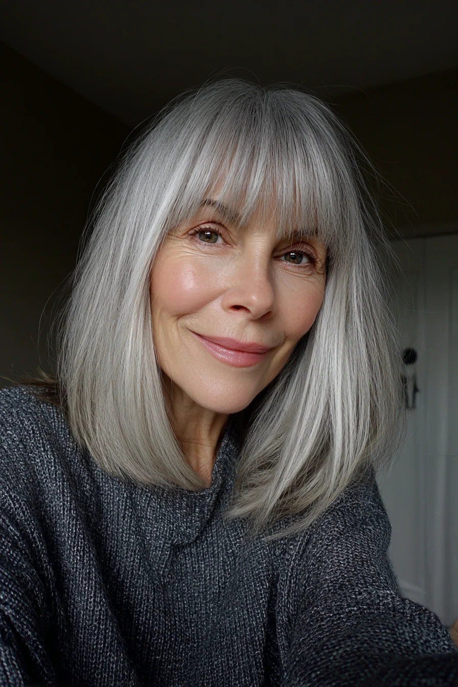 Sleek Silver Bob with Straight-Across Bangs for women over 60, grey hairstyle with bangs