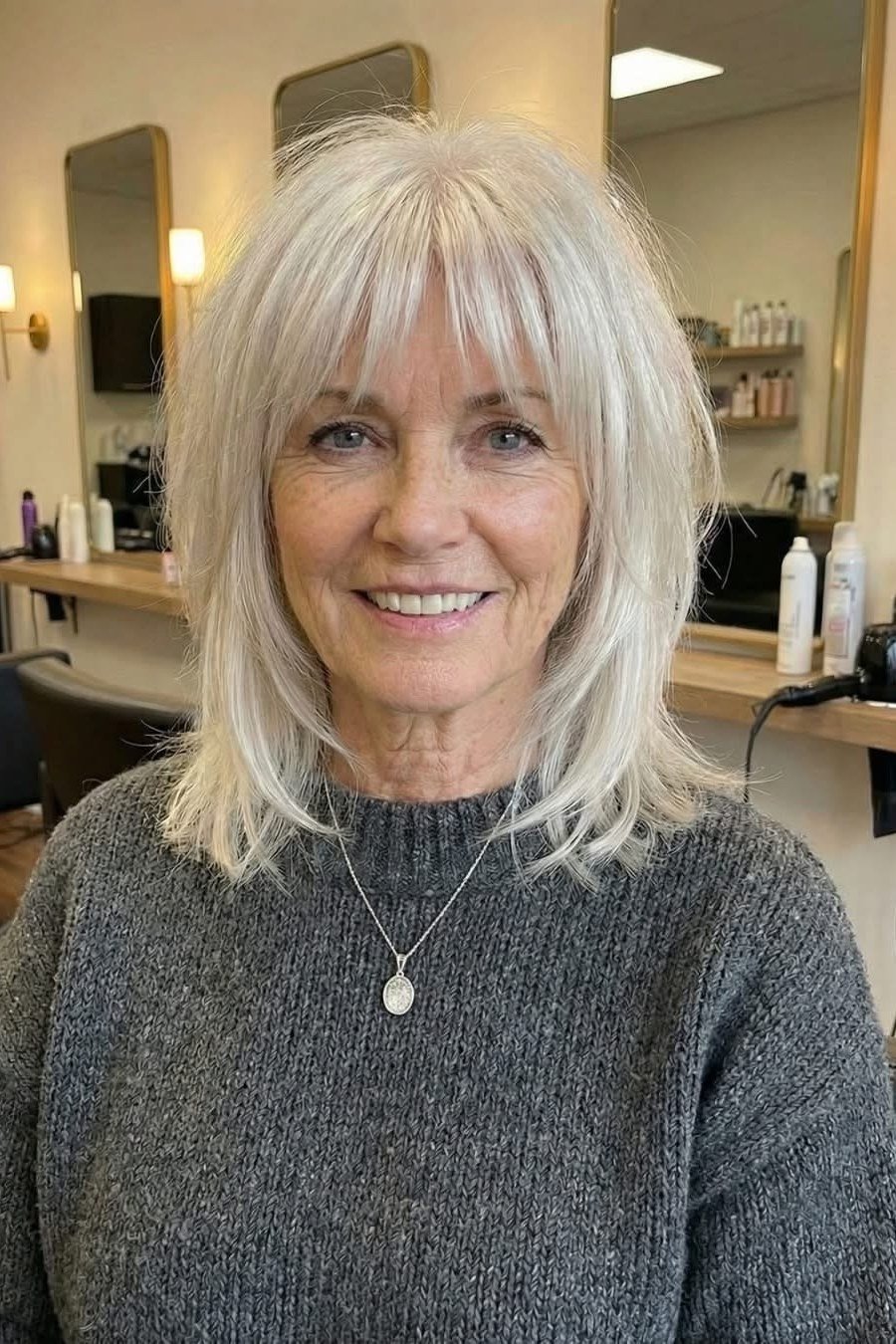 Voluminous Silver Layers with Wispy Bangs for women over 60, grey hairstyle with bangs