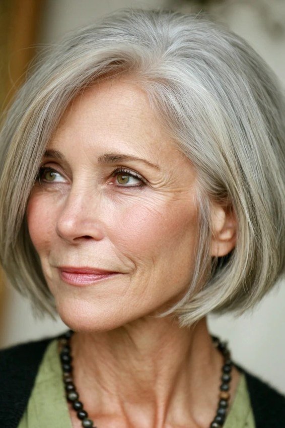 Rounded Silver Bob with Swept Side Bangs for women over 60, grey hairstyle with bangs