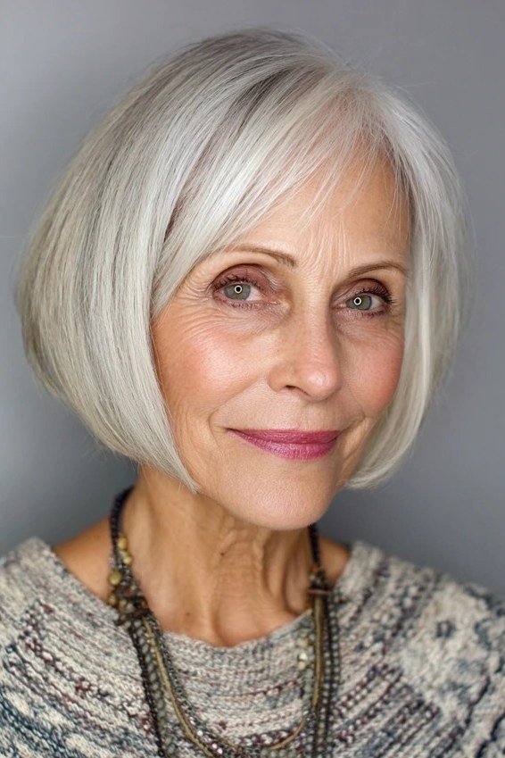 Classic Silver Bob with Diagonal Side-Swept Bangs for women over 60, grey hairstyle with bangs