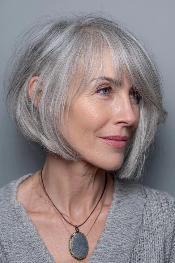 Silver A-Line Bob with Soft Side-Swept Bangs for women over 60, grey hairstyle with bangs