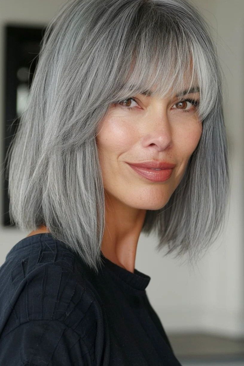 Salt-and-Pepper Lob with Full Feathered Bangs for women over 60, grey hairstyle with bangs