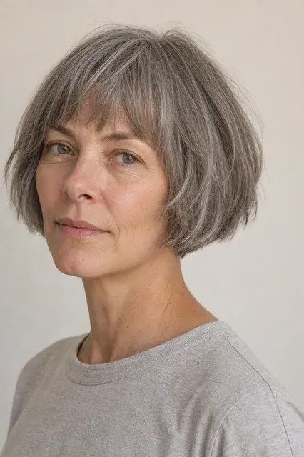 Ash-Grey Bob with Choppy Full Bangs for women over 60, grey hairstyle with bangs