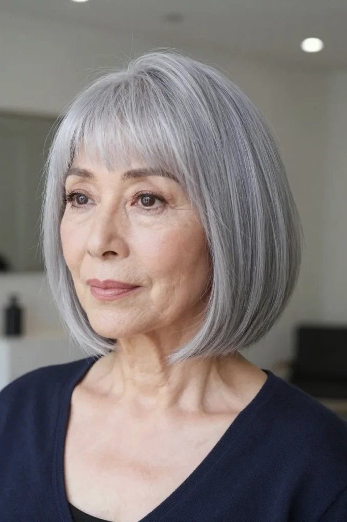 Sleek Silver Bob with Blunt Full Bangs for women over 60, grey hairstyle with bangs