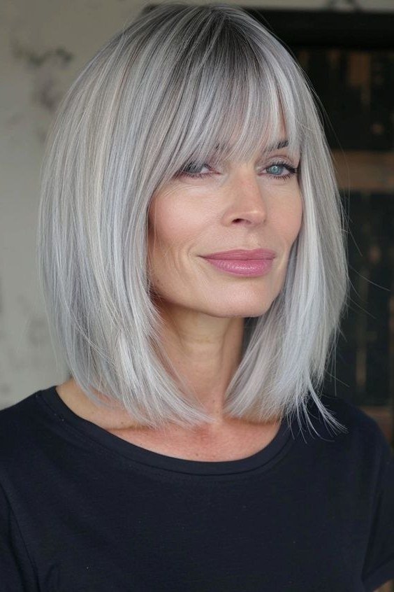 Silver-White Lob with Straight Full Bangs for women over 60, grey hairstyle with bangs