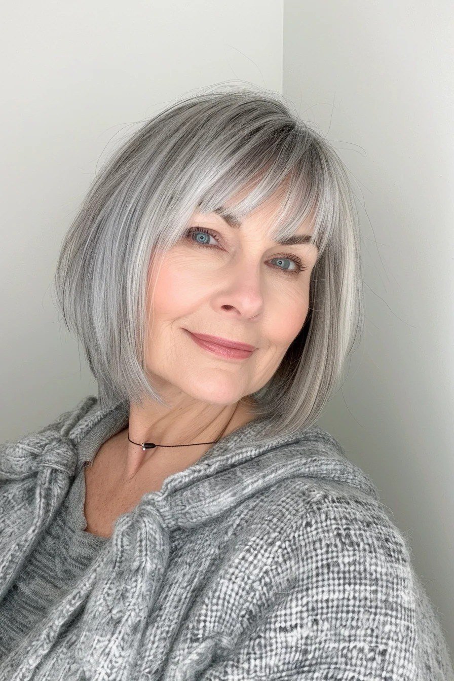 Classic Silver Chin-Length Bob with Wispy Bangs for women over 60, grey hairstyle with bangs