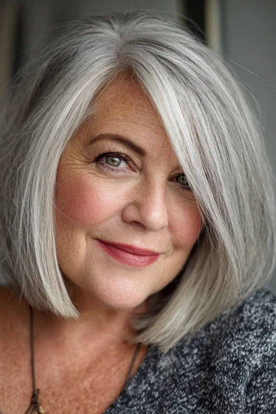 Sleek Silver Bob with Long Side-Swept Bangs for women over 60, grey hairstyle with bangs