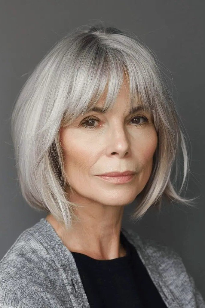 Soft Silver Chin Bob with Airy Wispy Bangs for women over 60, grey hairstyle with bangs