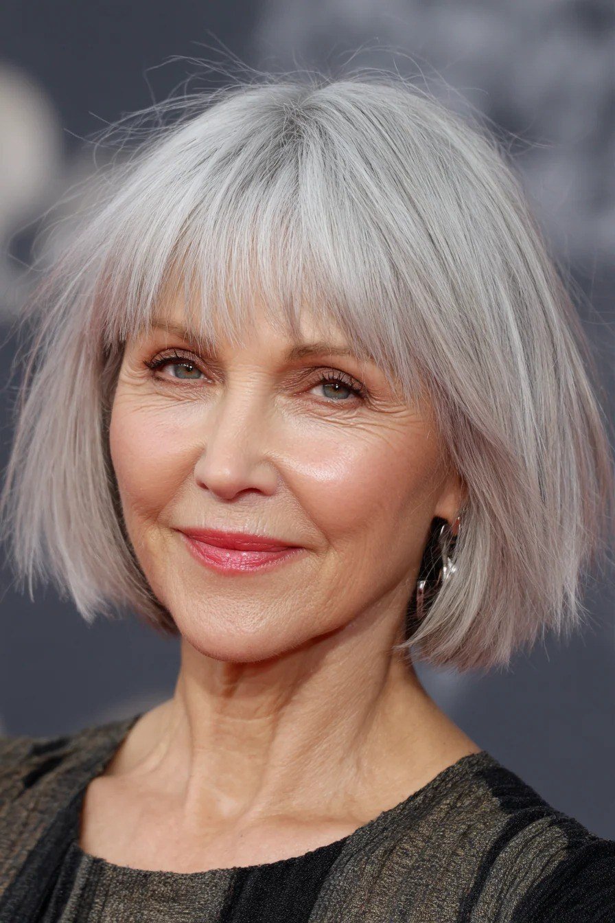 Polished Silver Bob with Full Blunt Bangs for women over 60, grey hairstyle with bangs