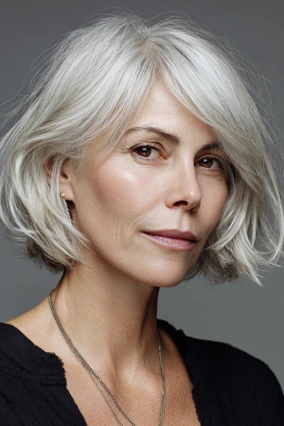 Silver Wavy Lob with Side-Swept Bangs for women over 60, grey hairstyle with bangs