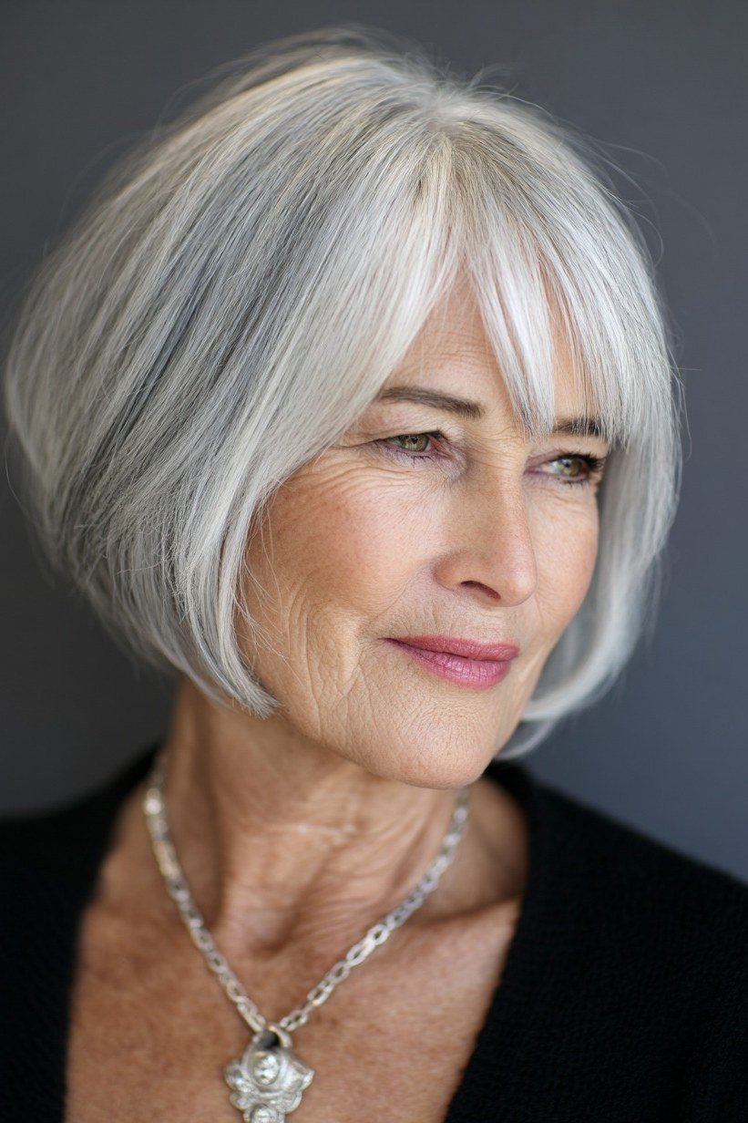 Rounded Silver Bob with Straight Full Bangs for women over 60, grey hairstyle with bangs