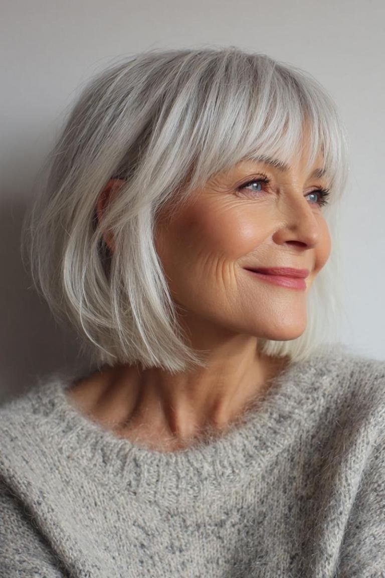 Soft Silver Bob with Feathered Side Bangs for women over 60, grey hairstyle with bangs