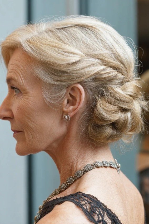 Blonde Romantic Loose Updo - Christmas party hairstyle for women over 60 (blonde loose romantic updo with necklace, festive side view)