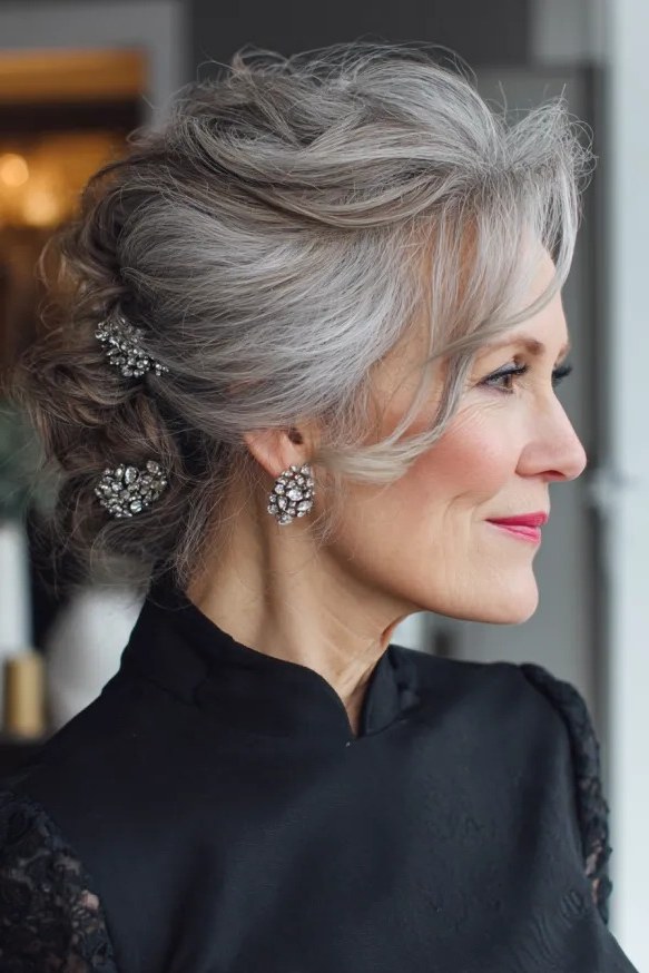 Silver Elegant Updo With Crystal Hairpins - Christmas party hairstyle for women over 60 (silver elegant updo with crystal hairpins, side view)