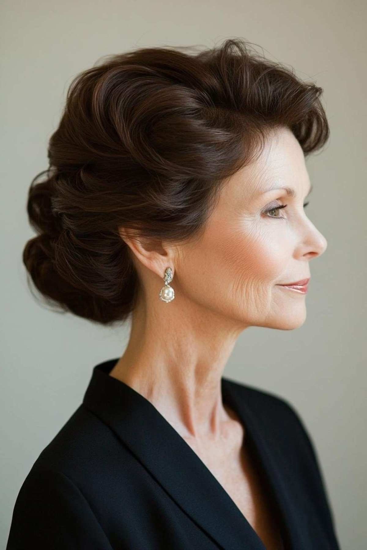 Dark Brown Classic Low Chignon - Christmas party hairstyle for women over 60 (dark brown classic low chignon, side view)