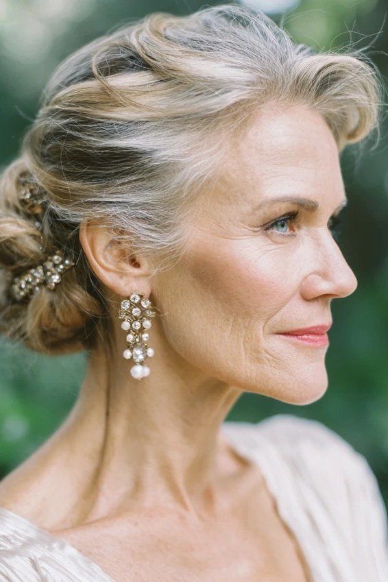 Silver Low Bun With Pearl Pins - Christmas party hairstyle for women over 60 (silver low bun with pearl pins, side view)