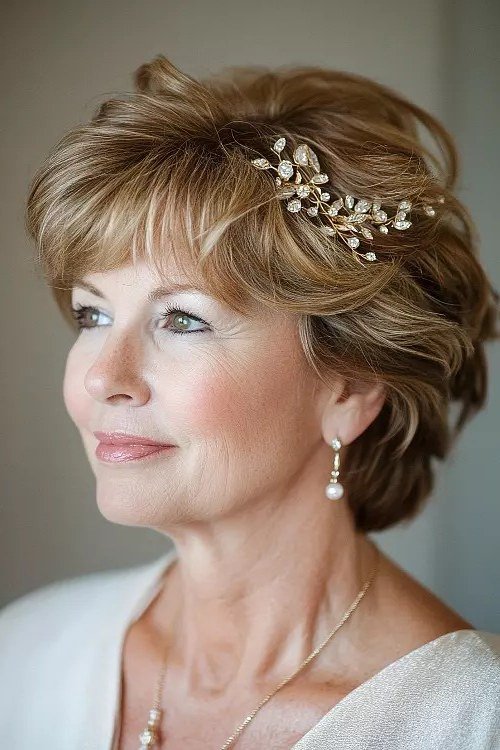 Brown Updo With Pearl Vine Accessory - Christmas party hairstyle for women over 60 (brown updo with pearl vine accessory, three-quarter view)