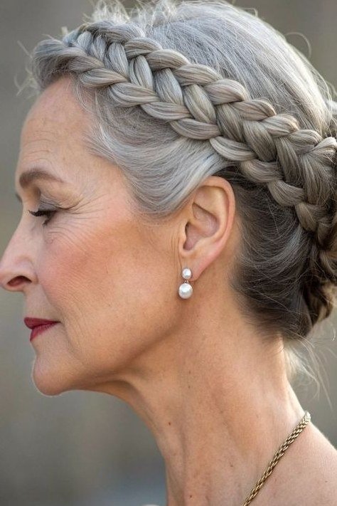 Silver Dutch-Braid Crown - Christmas party hairstyle for women over 60 (silver dutch-braid crown, side view)