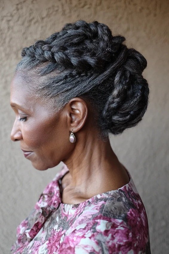 Dark Gray Braided Updo - Christmas party hairstyle for women over 60 (dark gray braided updo, side view)