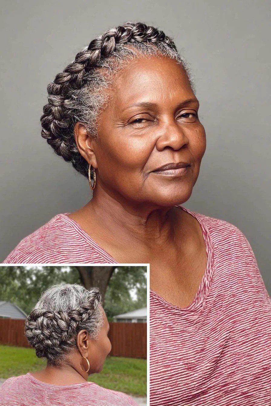 Gray Braided Crown on Dark Skin - Christmas party hairstyle for women over 60 (gray braided crown on dark skin, front view)