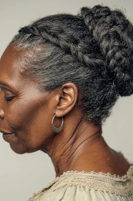 Dark Gray Braided Top Bun - Christmas party hairstyle for women over 60 (dark gray braided top bun, side view)