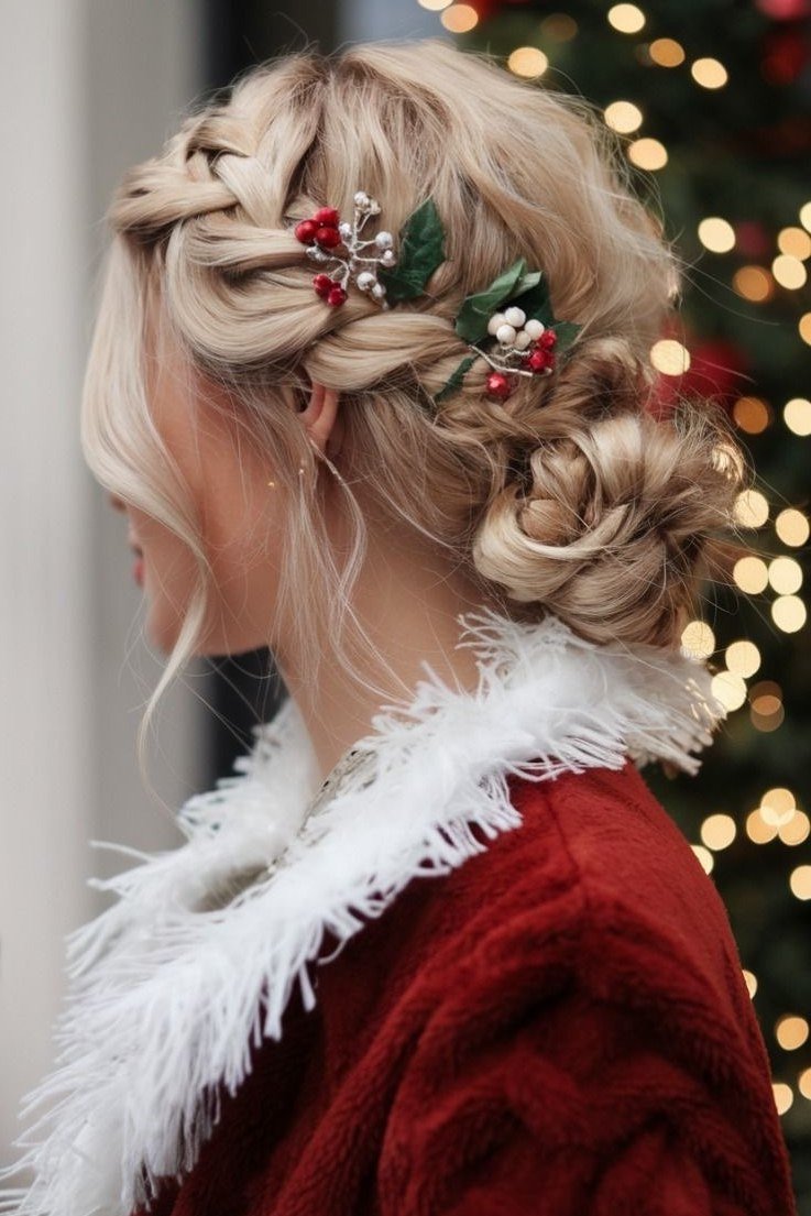 Blonde Braided Updo With Holly Pins by Christmas Tree - Christmas party hairstyle for women over 60 (blonde braided updo with holly pins by christmas tree, side view)