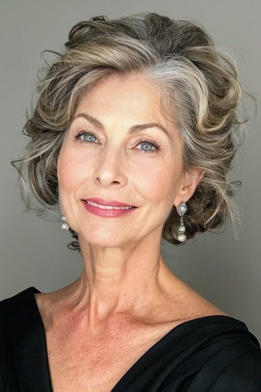 Gray Curly Updo - Christmas party hairstyle for women over 60 (gray curly updo, joyful front view)