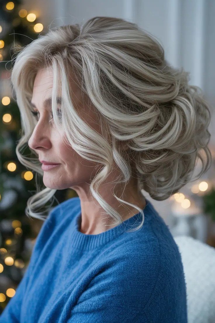 Silver Curly Updo by Christmas Tree - Christmas party hairstyle for women over 60 (silver curly updo by a christmas tree, side view)