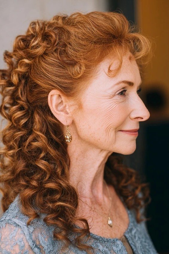 Auburn Curly Half-Up Style - Christmas party hairstyle for women over 60 (auburn curly half-up style, side view)