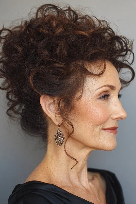 Dark Brown Curly High Updo - Christmas party hairstyle for women over 60 (dark brown curly high updo, side view)