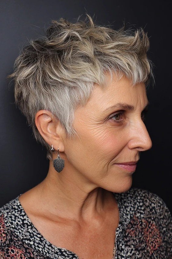Silver Textured Pixie - Christmas party hairstyle for women over 60 (silver textured pixie, side view)