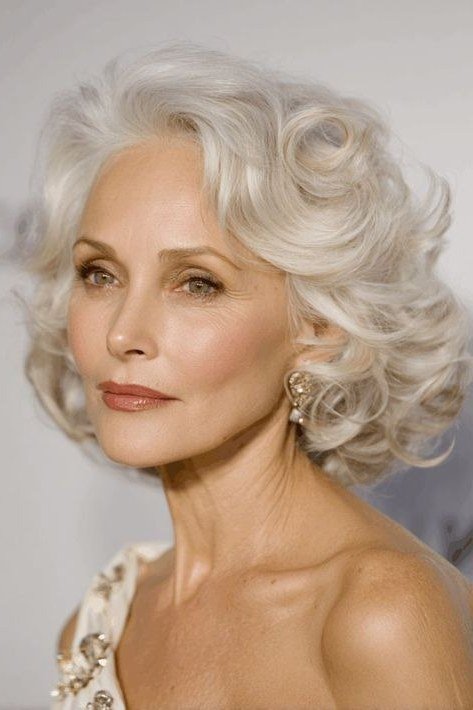 White Short Curly Crop - Christmas party hairstyle for women over 60 (white short curly crop, three-quarter view)