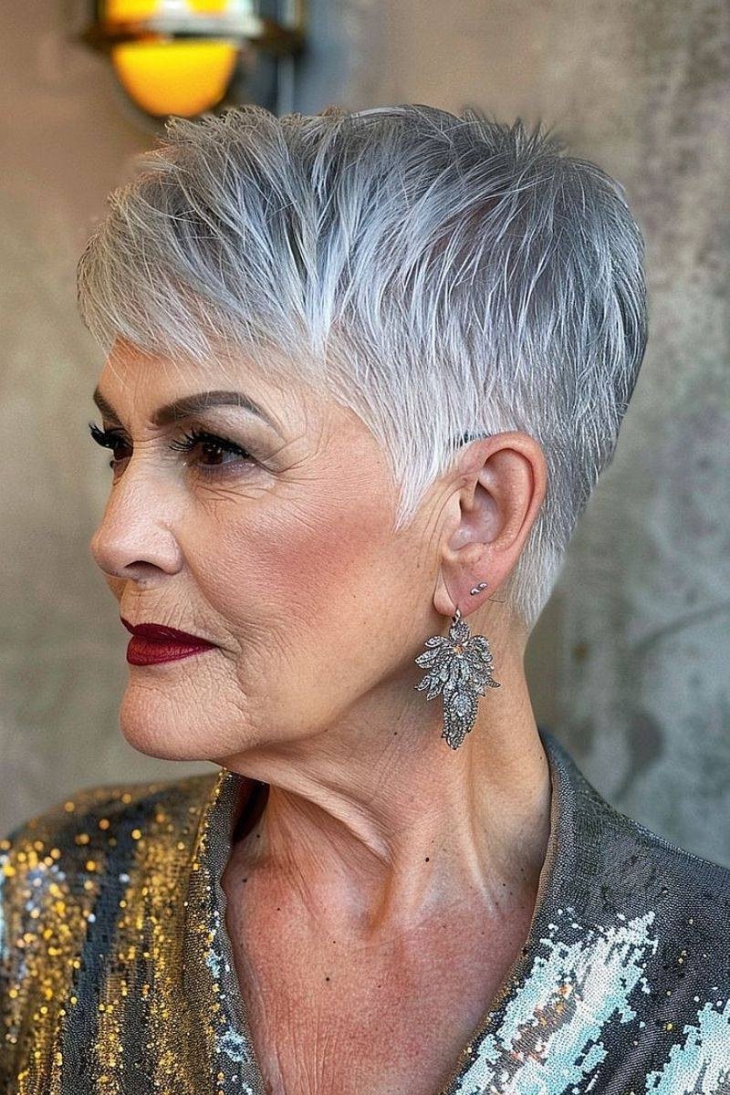 Silver Short Party Crop With Statement Earring - Christmas party hairstyle for women over 60 (silver short party crop with statement earring, side view)