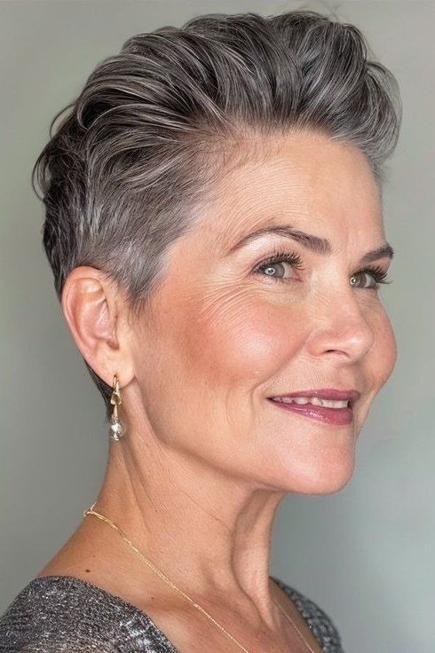 Dark Gray Pompadour Pixie - Christmas party hairstyle for women over 60 (dark gray pompadour pixie, three-quarter view)