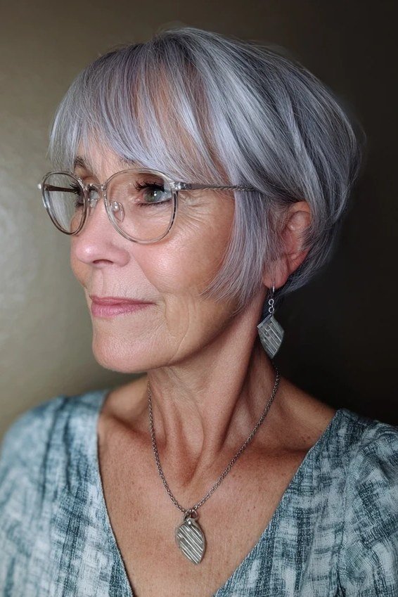 Silver Chin Bob With Glasses - Christmas party hairstyle for women over 60 (silver chin bob with glasses, three-quarter view)