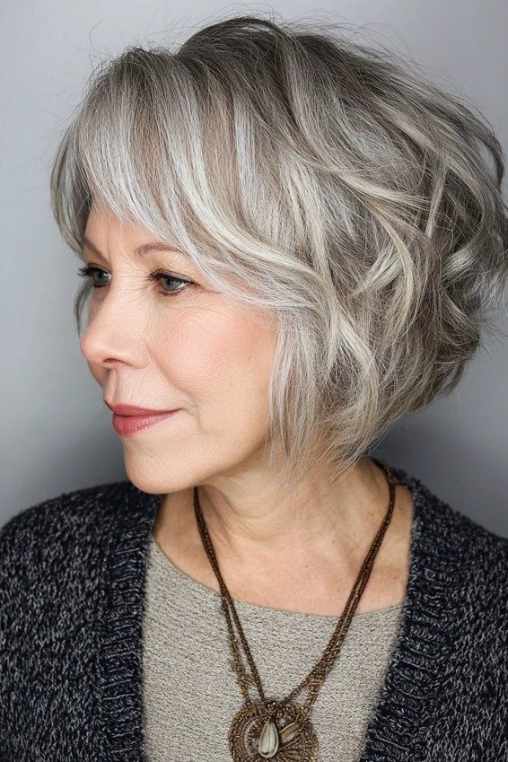 Silver Wavy Chin-Length Bob - Christmas party hairstyle for women over 60 (silver wavy chin-length bob, three-quarter view)