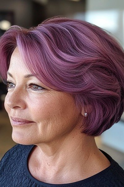 Magenta Fashion-Color Bob - Christmas party hairstyle for women over 60 (magenta fashion-color bob, three-quarter view)