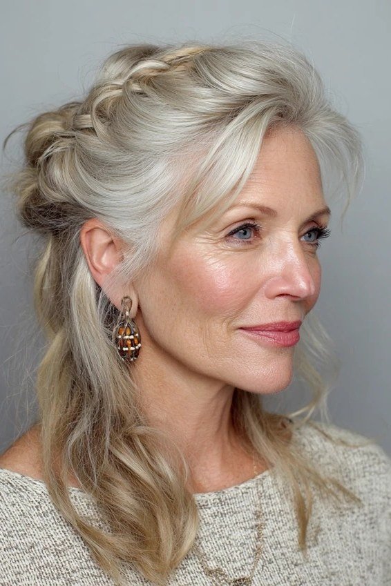 Silver Half-Up Hairstyle With Soft Curls - Christmas party hairstyle for women over 60 (silver half-up hairstyle with soft curls, three-quarter view)