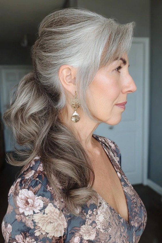 Silver High Half Ponytail With Volume - Christmas party hairstyle for women over 60 (silver high half ponytail with volume, side view)