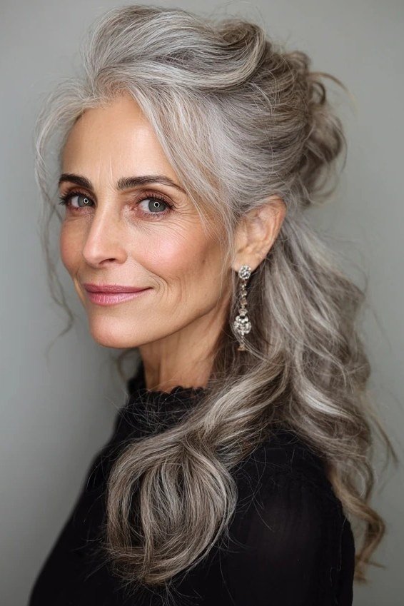 Long Silver Waves With Drop Earrings - Christmas party hairstyle for women over 60 (long silver waves with drop earrings, front three-quarter view)