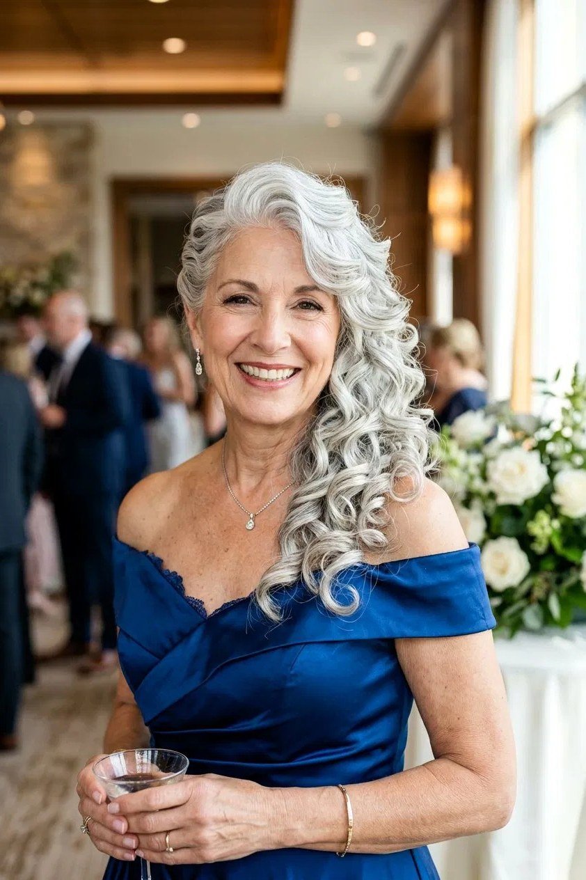 Long Silver Curls at a Christmas Party - Christmas party hairstyle for women over 60 (long silver curls at a christmas party, front view)