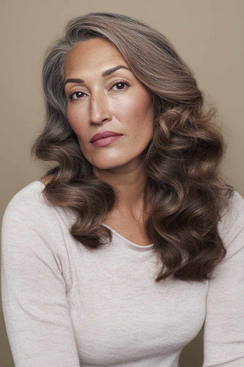 Dark Brown Voluminous Waves - Christmas party hairstyle for women over 60 (dark brown voluminous waves, front view)