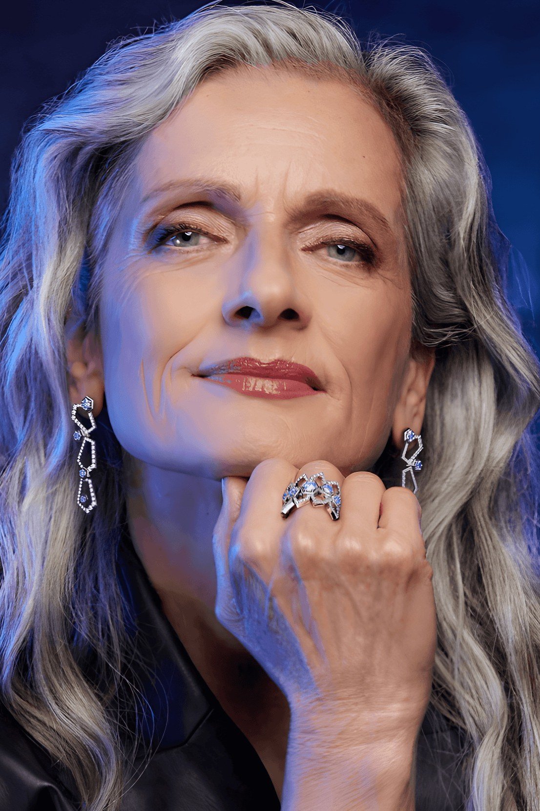 Long Silver Hair With Evening Lighting - Christmas party hairstyle for women over 60 (long silver hair with evening lighting, front view)