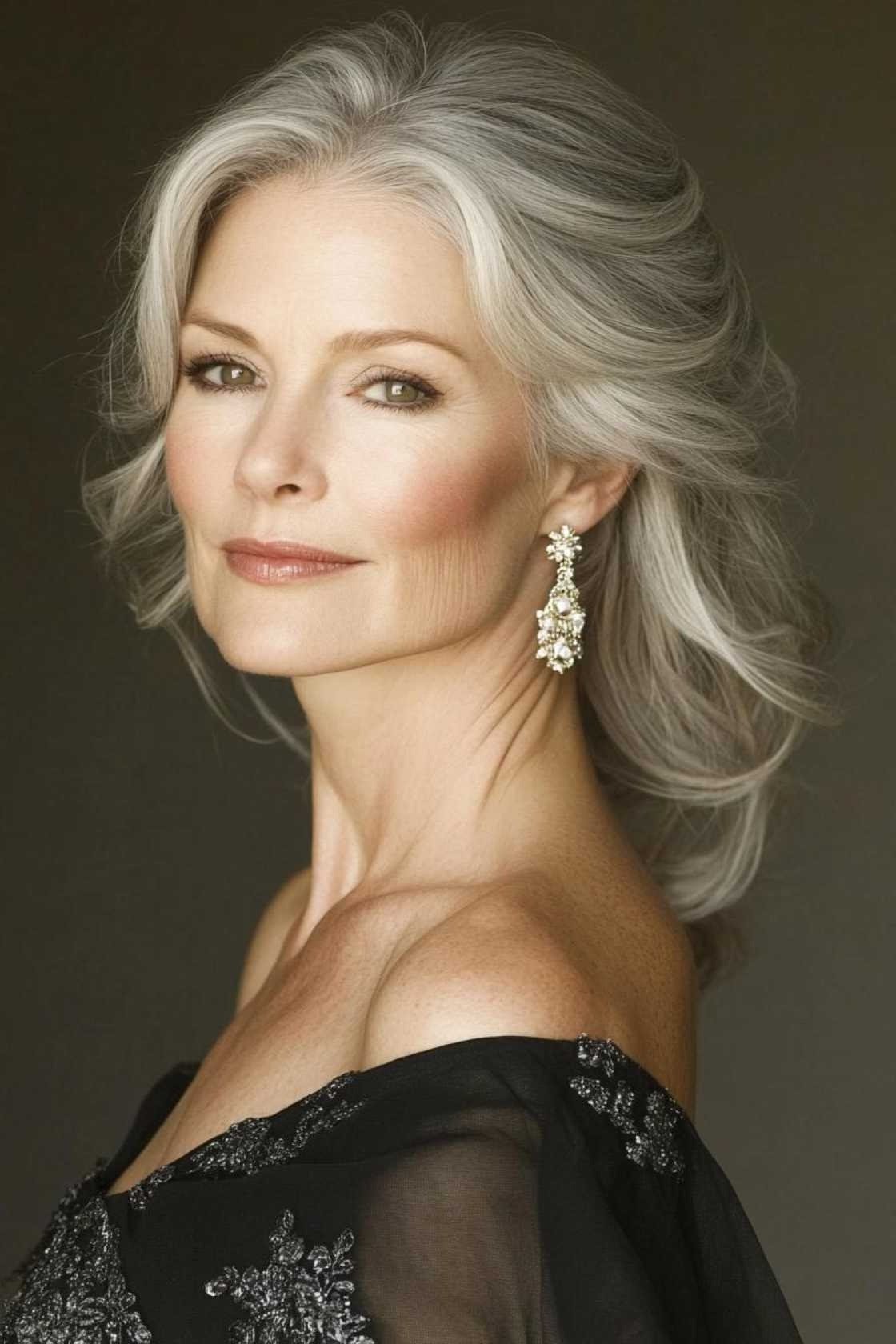 Silver-Gray Wavy Half-Up Style - Christmas party hairstyle for women over 60 (silver-gray wavy half-up style, three-quarter view)